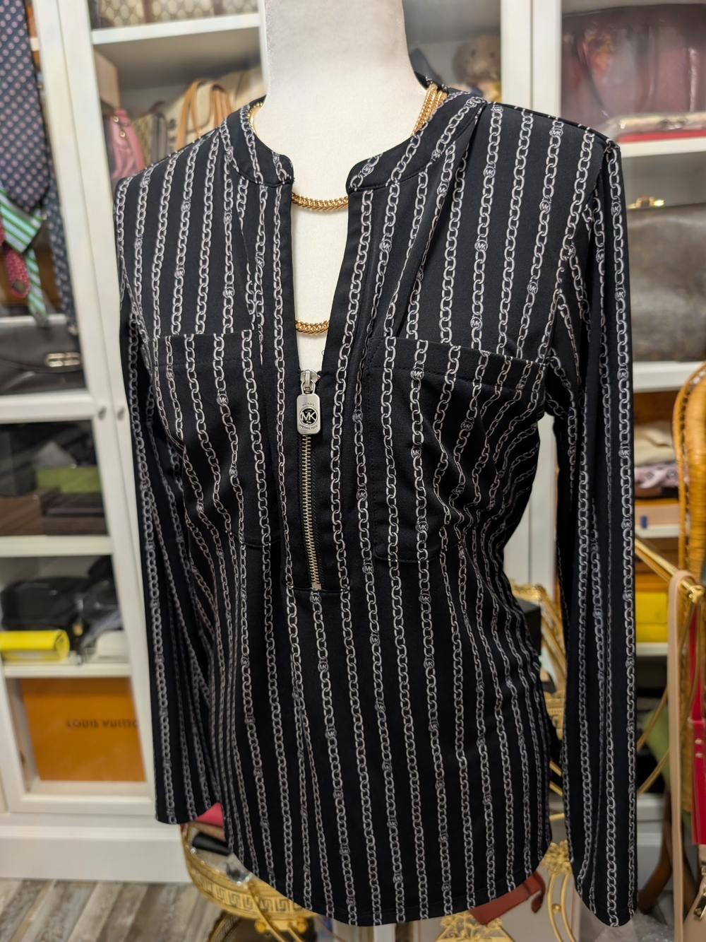 Michael Kors Black Chain-Print Long Sleeve Zip-Neck Top